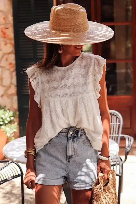 White Ruffled Lace Flowy Tank Top - Fashionfitz