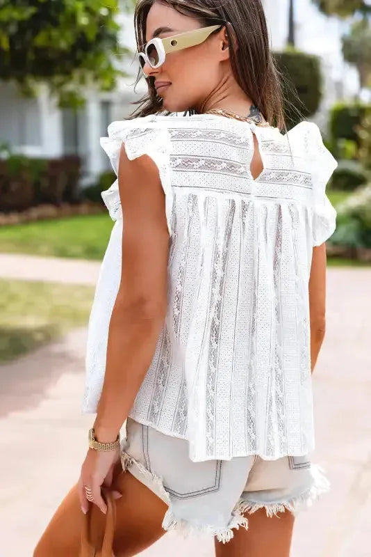 White Ruffled Lace Flowy Tank Top - Fashionfitz