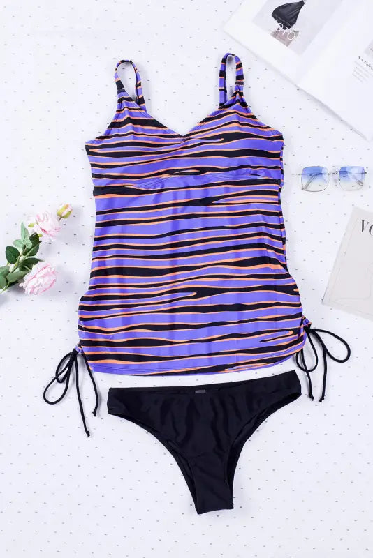 Tankini swimsuit - purple stripes lacing - tankinis