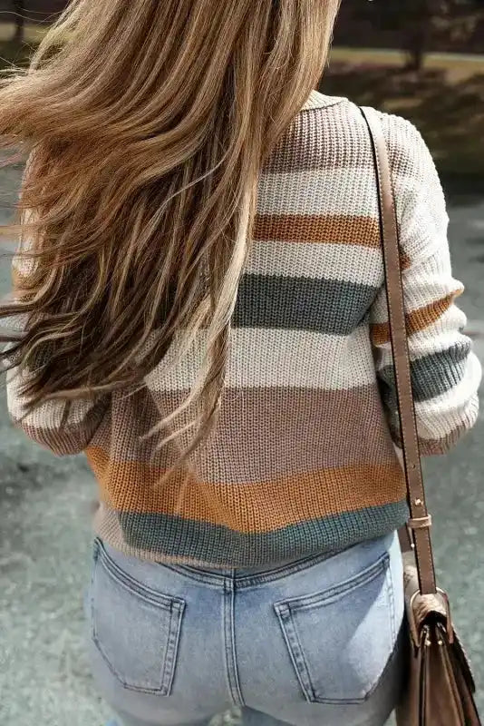 Back view of colorblock taupe knit sweater in warm earthy tones, showcasing soft knit texture and relaxed fit for casual wear.
