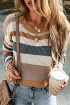 Taupe Classic Round Neck Colorblock Knit Sweater - Fashionfitz