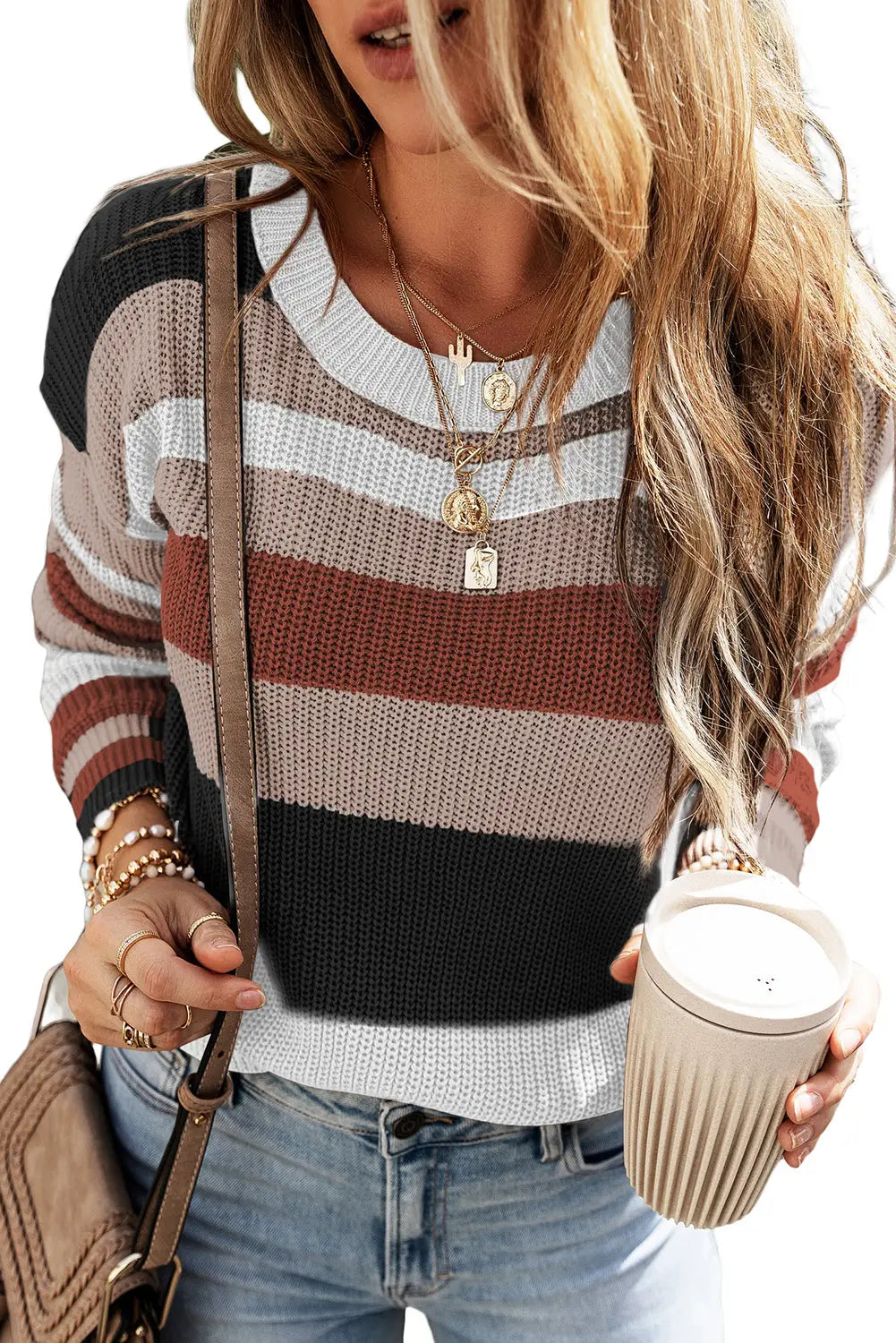 Taupe classic round neck colorblock knit sweater - sweaters & cardigans