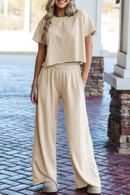 Tee & pants set - loose white raw hem - s / 95% polyester + 5% elastane - two piece sets