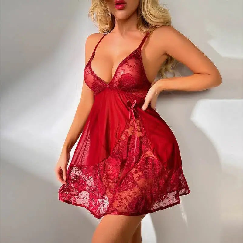 Temptation perspective sexy mesh babydoll nightgown - fire brick / l - lingerie