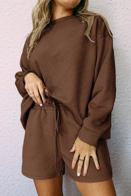 Textured brown lounge set - s / 95% polyester + 5% elastane - two piece pant sets