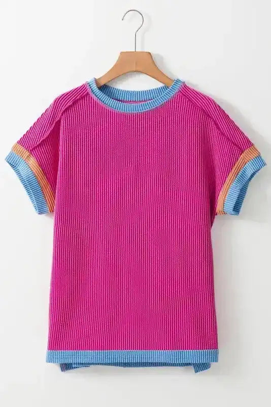 Textured Contrast Trim Round Neck T Shirt - Fashionfitz