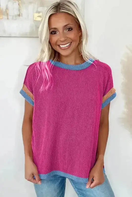 Side view of Textured Contrast Trim Round Neck T-Shirt showing textured fabric and contrast neckline trim — Fashionfitz