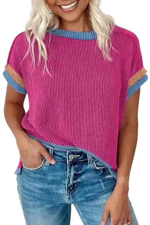 Bright pink textured contrast trim round neck T-shirt front view — Fashionfitz UK