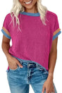 Textured Contrast Trim Round Neck T-Shirt Women UK in bright pink — front view showing contrast trim and textured fabric — Fashionfitz