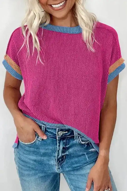Textured Contrast Trim Round Neck T Shirt - Fashionfitz