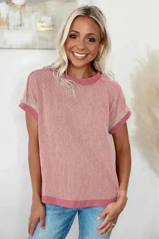 Textured Contrast Trim Round Neck T Shirt - Fashionfitz