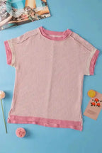 Textured Contrast Trim Round Neck T Shirt - Fashionfitz