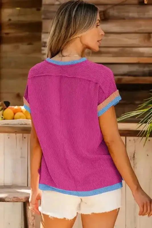 Textured Contrast Trim Round Neck T Shirt - Fashionfitz