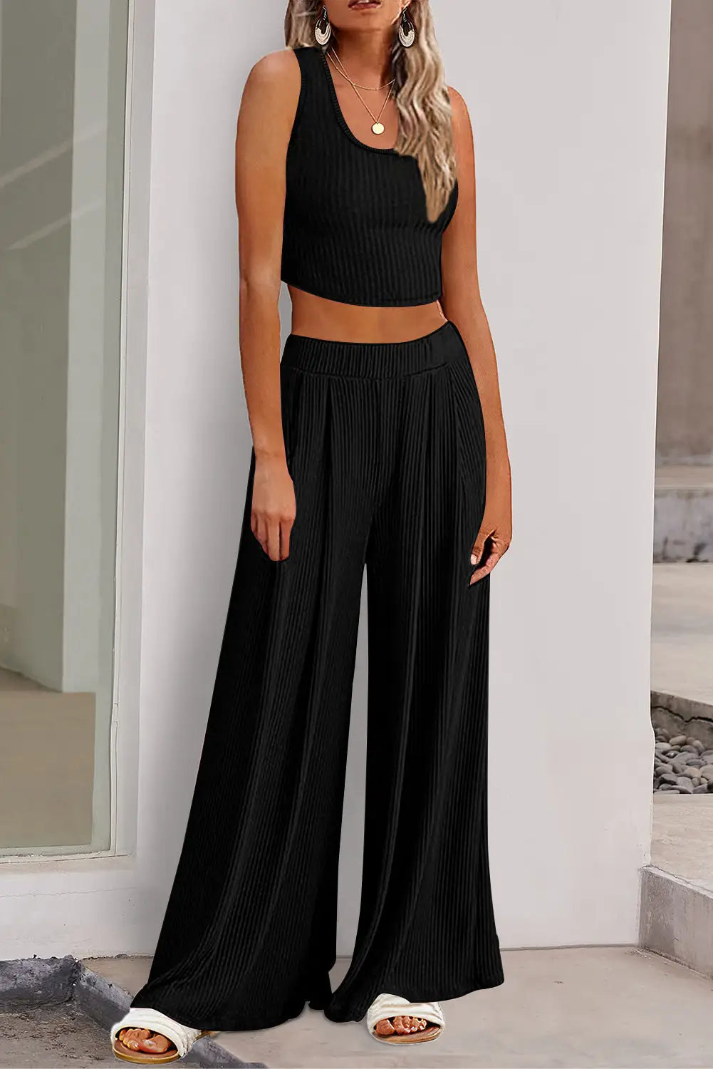 Textured crop top and wide leg pants outfit - black / s / 93% viscose + 7% elastane - two piece sets/pant sets