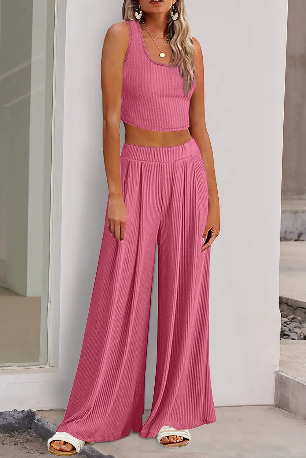 Textured crop top and wide leg pants outfit - pink / s / 93% viscose + 7% elastane - two piece sets/pant sets