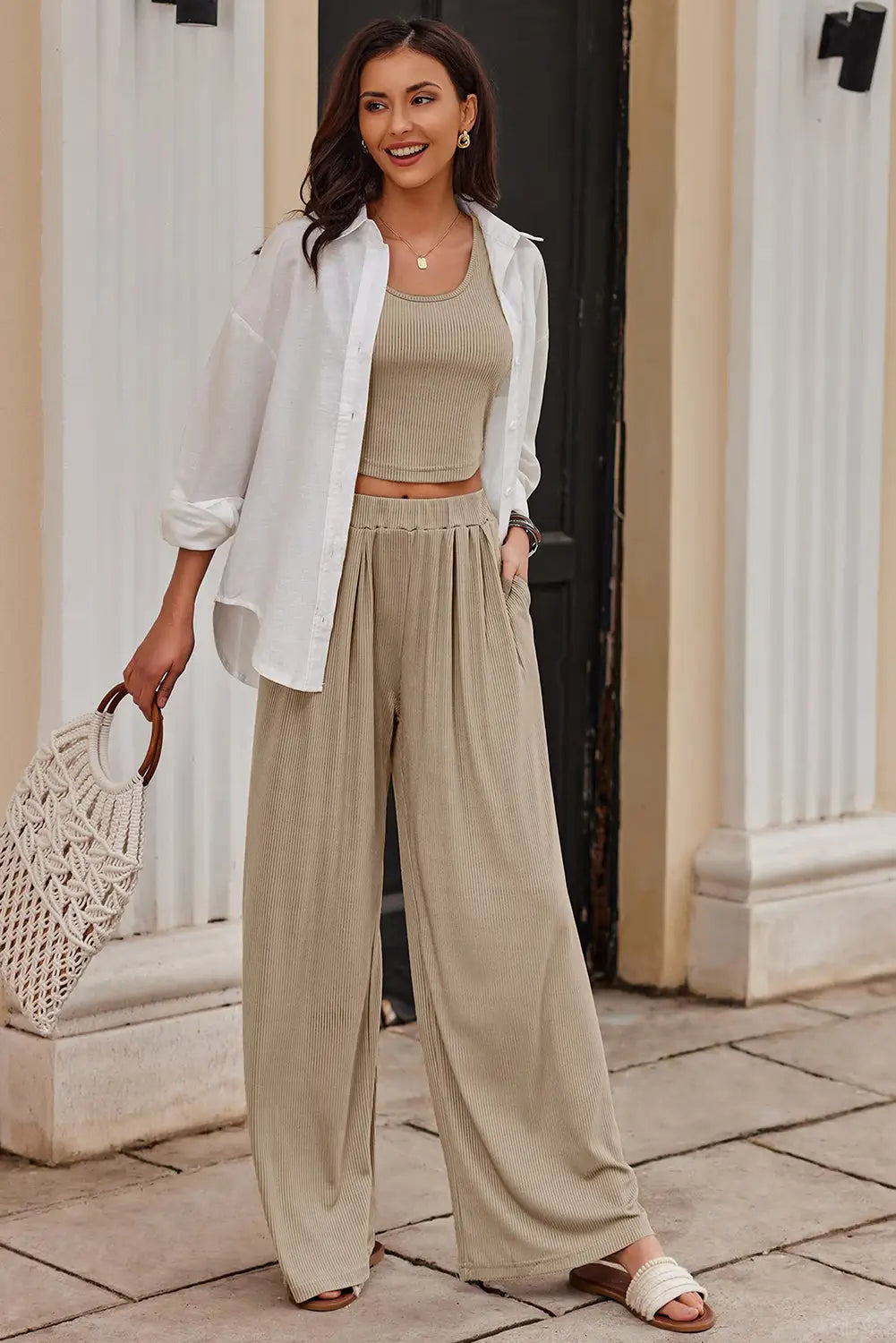 Textured crop top and wide leg pants outfit - two piece sets/pant sets