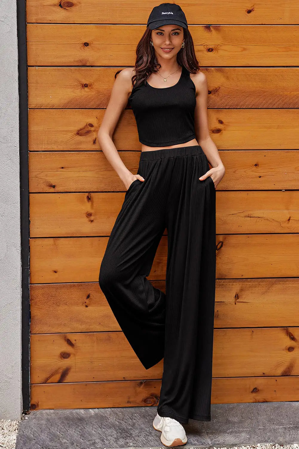 Textured crop top and wide leg pants outfit - two piece sets/pant sets