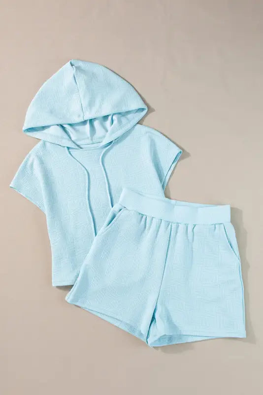 Beau blue textured cropped hoodie and shorts set - two piece sets/short sets