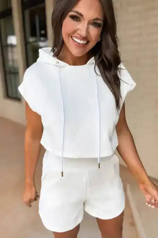 Textured Cropped Hoodie and Shorts Set - Fashionfitz