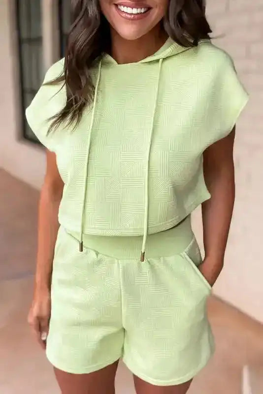 Textured Cropped Hoodie and Shorts Set - Fashionfitz