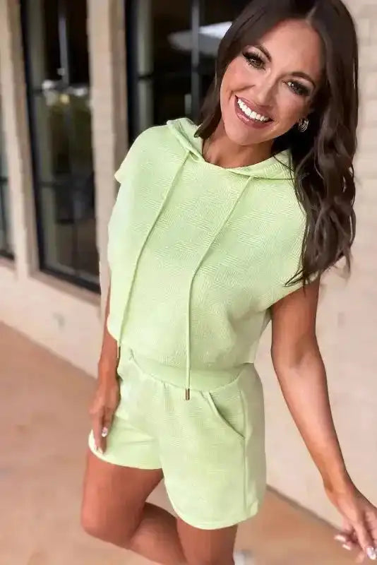 Textured Cropped Hoodie and Shorts Set - Fashionfitz