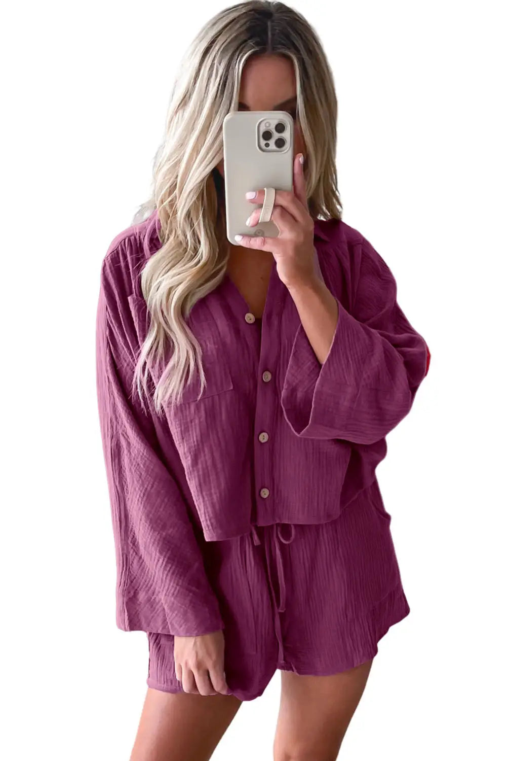 Textured dolman sleeve cropped shirt and shorts set - loungewear