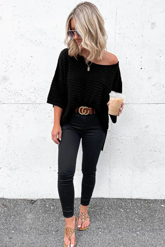 Textured knit drop shoulder tee - t-shirts