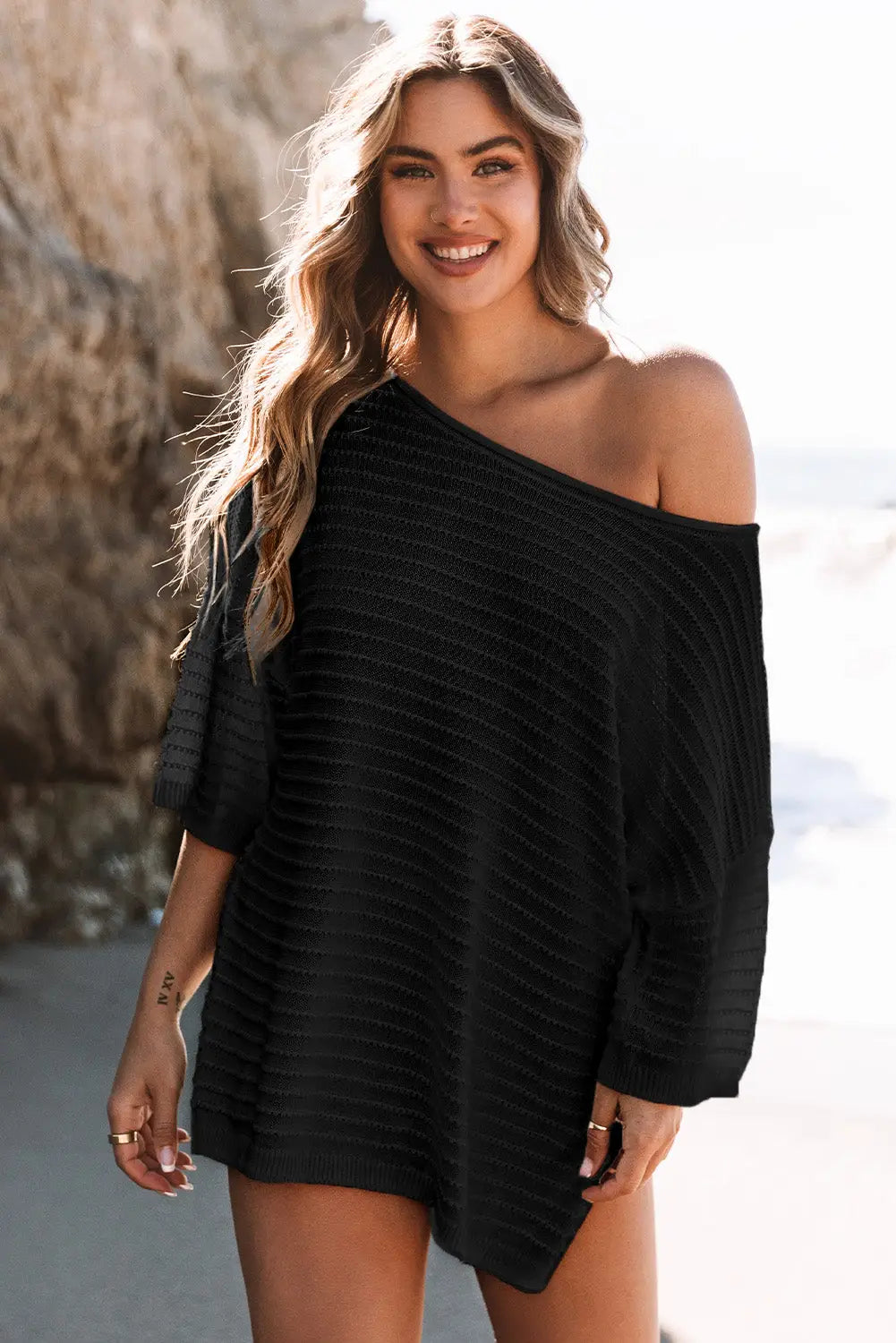 Textured knit drop shoulder tee - black / s / 55% acrylic + 45% cotton - t-shirts