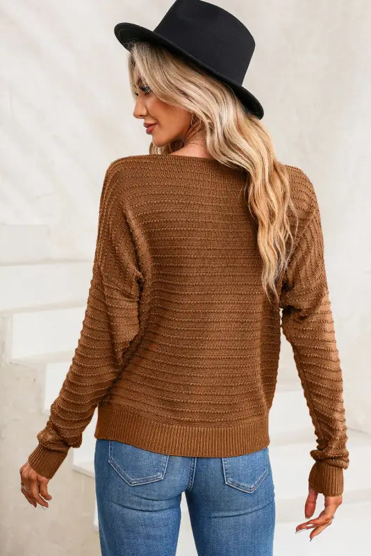 Textured knit round neck dolman sleeve sweater - sweaters