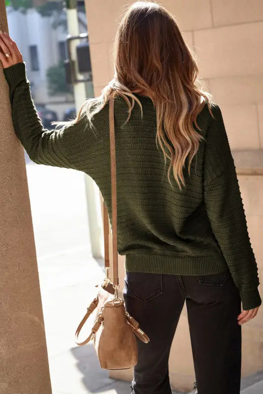 Textured knit round neck dolman sleeve sweater - sweaters