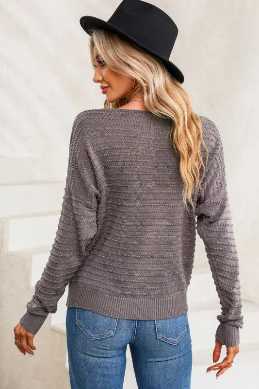 Textured knit round neck dolman sleeve sweater - sweaters