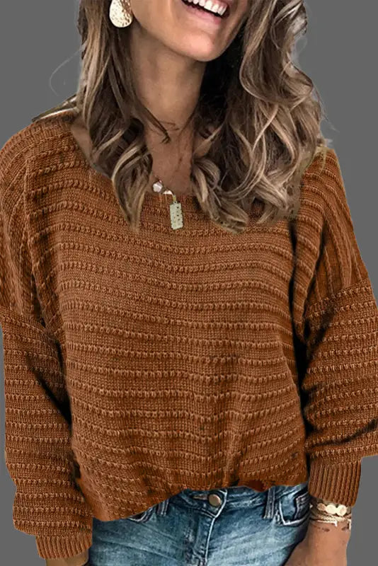 Textured knit round neck dolman sleeve sweater - sweaters