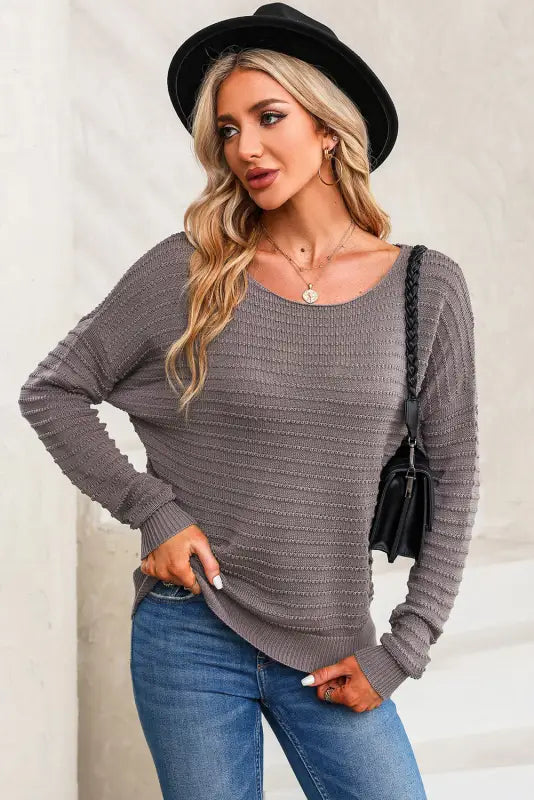 Textured knit round neck dolman sleeve sweater - sweaters