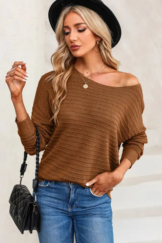 Textured knit round neck dolman sleeve sweater - sweaters