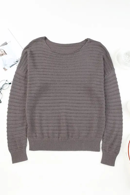 Textured knit round neck dolman sleeve sweater - sweaters