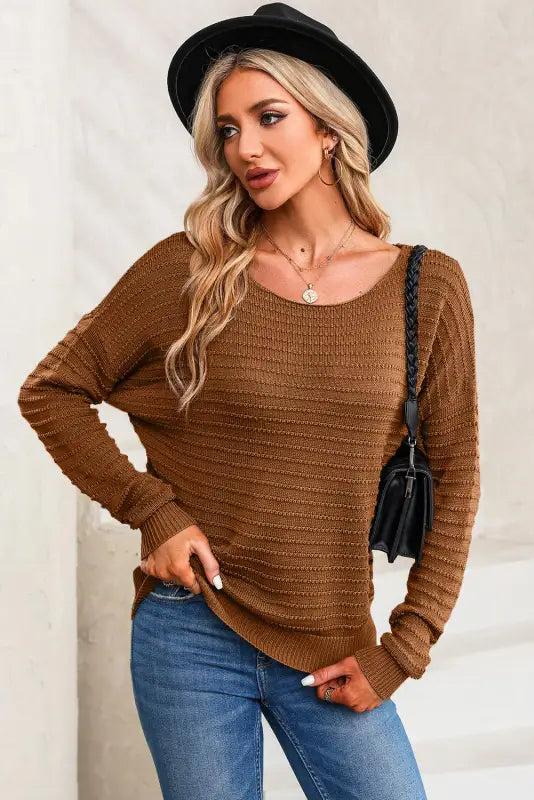 Textured knit round neck dolman sleeve sweater - sweaters