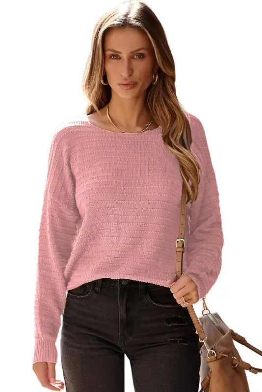 Textured knit round neck dolman sleeve sweater - sweaters