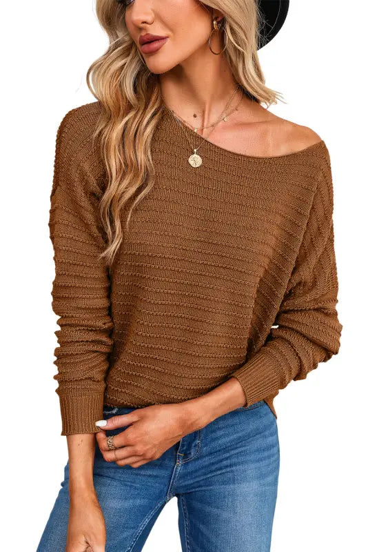 Textured knit round neck dolman sleeve sweater - sweaters