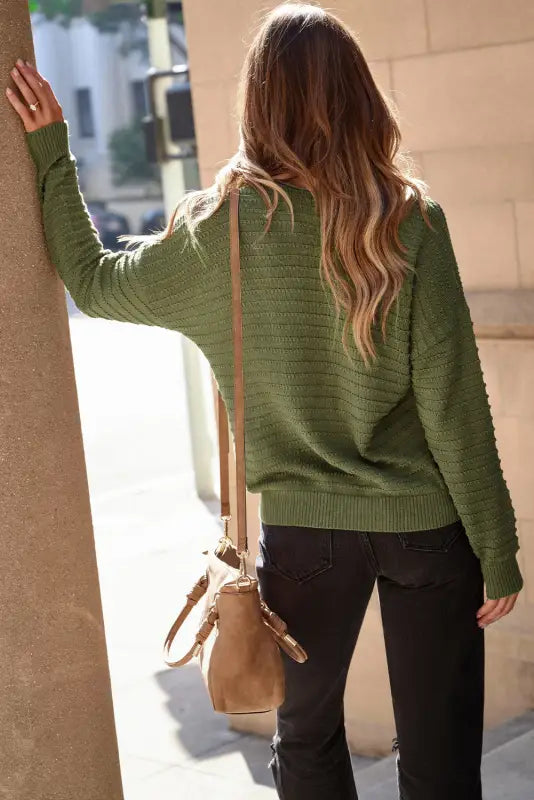 Textured knit round neck dolman sleeve sweater - sweaters