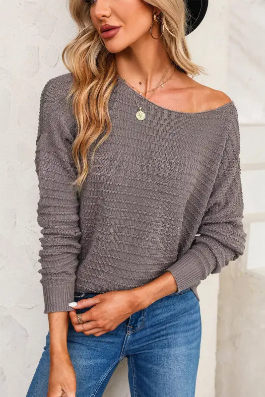 Textured knit round neck dolman sleeve sweater - gray / l / 55% acrylic + 45% cotton - sweaters