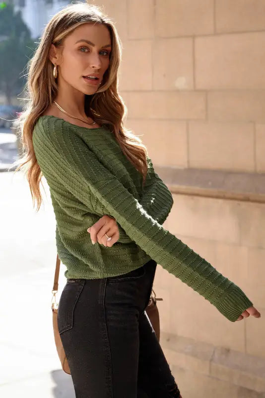 Textured knit round neck dolman sleeve sweater - sweaters