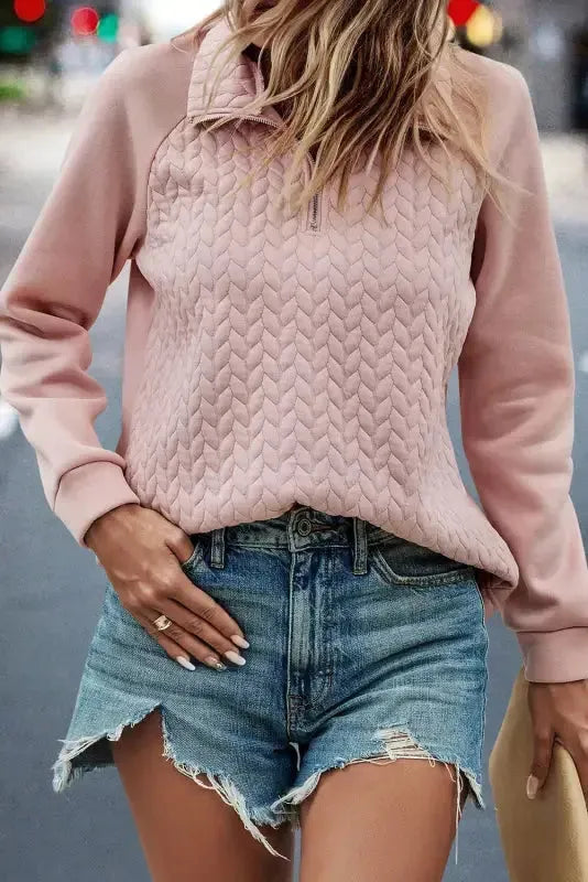 Textured Quarter Zip Raglan Sleeve Sweatshirt - Pale Chestnut - Fashionfitz