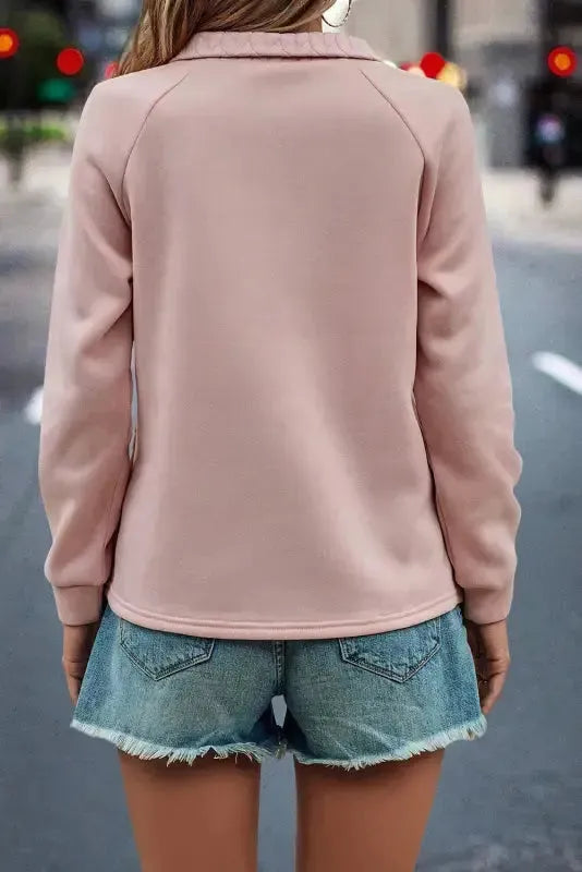 Textured Quarter Zip Raglan Sleeve Sweatshirt - Pale Chestnut - Fashionfitz