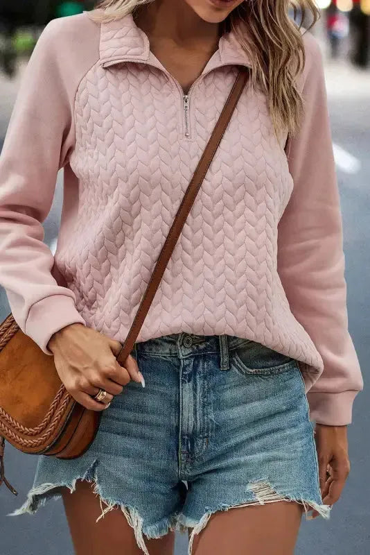 Textured Quarter Zip Raglan Sleeve Sweatshirt - Pale Chestnut - Fashionfitz