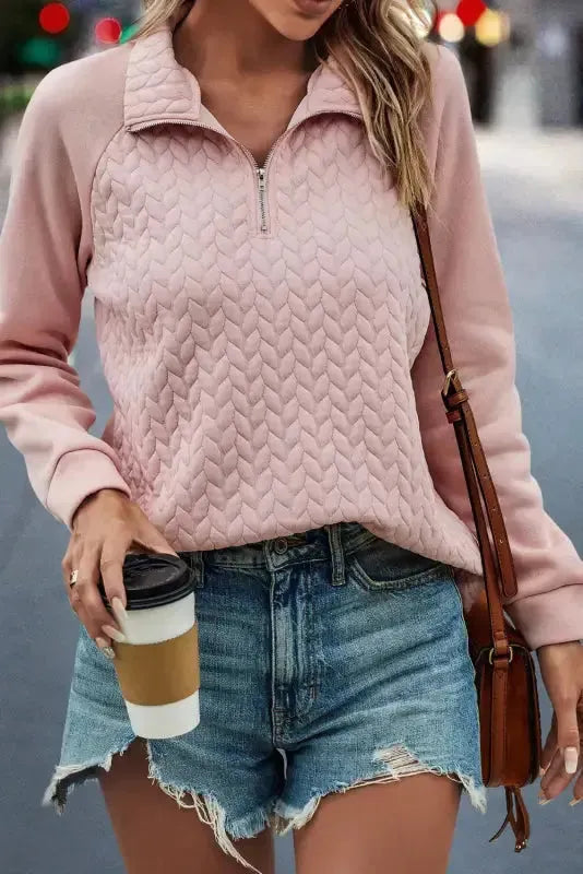 Textured Quarter Zip Raglan Sleeve Sweatshirt - Pale Chestnut - Fashionfitz