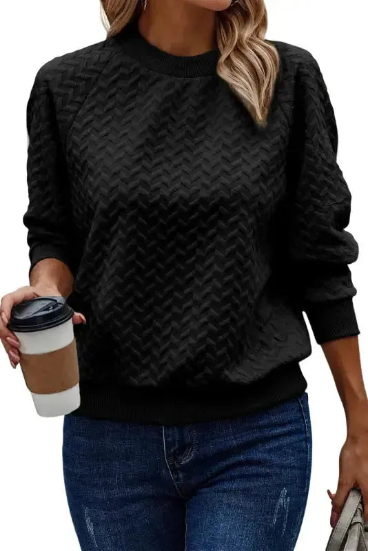 Textured Raglan Sleeve Pullover Sweatshirt - Fashionfitz
