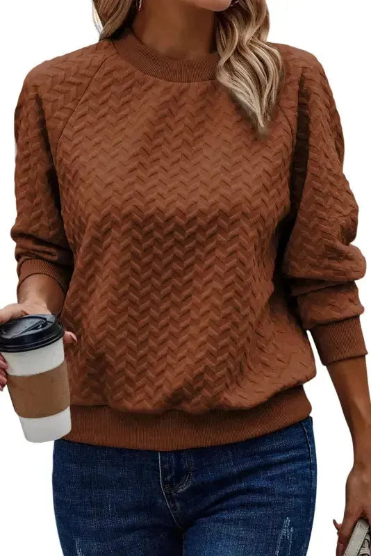 Textured Raglan Sleeve Pullover Sweatshirt - Fashionfitz