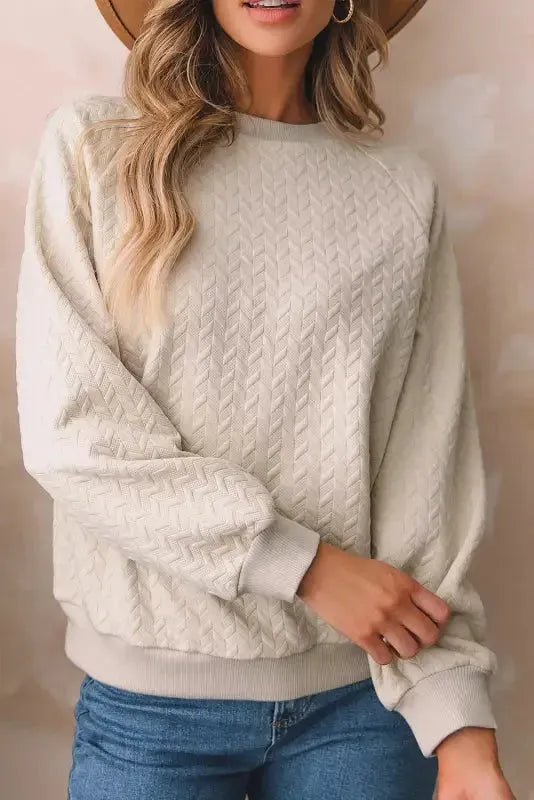 Textured Raglan Sleeve Pullover Sweatshirt - Fashionfitz