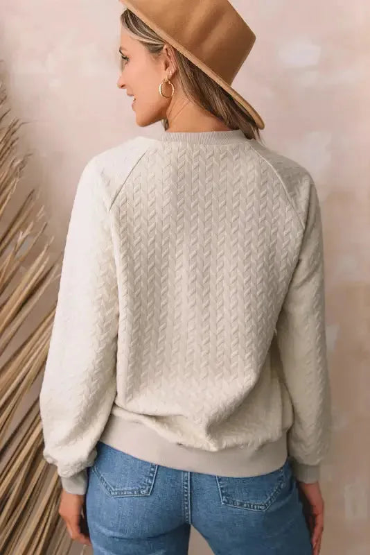 Textured Raglan Sleeve Pullover Sweatshirt - Fashionfitz