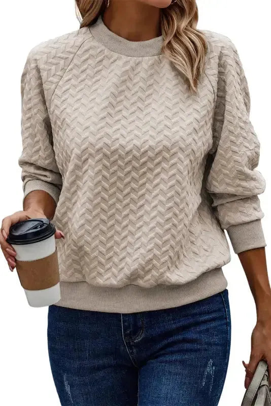 Textured Raglan Sleeve Pullover Sweatshirt - Fashionfitz